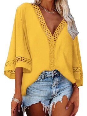 Marc New York Linen Mustard Yellow V-Neck Blouse Lace Trim Blouse Artsy Money